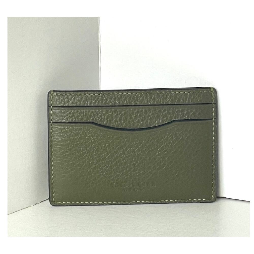 Coach Card Case Money Clip Olive Green Crossgrain Leather Mens CDC79
